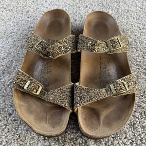 Birki's Sandals Womens Size 8 Gold Leather Glitter Slide Buckle Two Strap